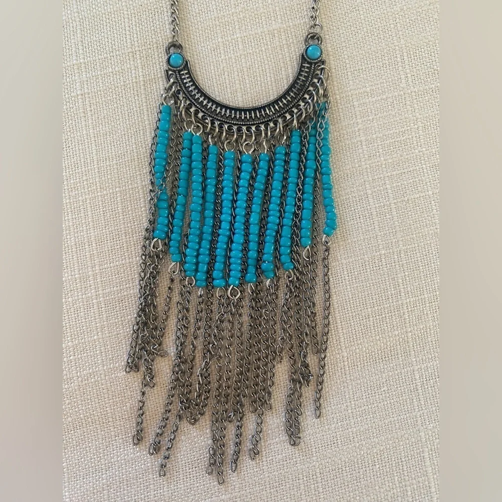 Southwest Style Turquoise and Silver Long Fashion Necklace
